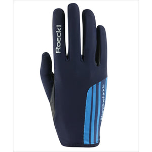 Sommer Reithandschuhe Messara von Roeckl in Dunkelblau mit blauen Streifen, ideal für Reiter dank dünnem, griffigem Material.