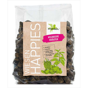 Getreidefreie Pferdeleckerlis Wiesen Happies von Bense & Eicke mit Wildbeeren und Kräutern in transparenter Verpackung. Ideal für gesunde Belohnung.