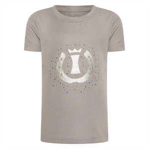 Imperial Riding Kinder Top in Taupe mit glänzendem Hufeisen-Logo, Kristallsteinen und Folien-Druck. Vielseitiges T-Shirt für Alltag & Freizeit.