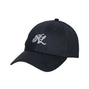 KLChabela Sommercap in Schwarz mit weißem Strass-Logo und gebogenem Schirm. Baumwoll-Cap mit verstellbarem Klettverschluss für Damen.