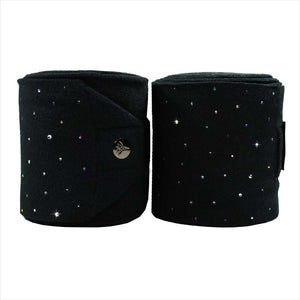 Equest Bandage Alpha Fleece Delight Kollektion 2er Set in Schwarz, verziert mit Glitzersteinen, bi-elastisch und ideal für stilvollen Pferdeschutz.