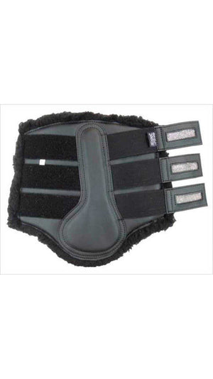Schwarze Equest Soft Gamaschen Kunstleder mit stoßabsorbierender Polsterung und robustem Klettverschluss. Beinschutz für Pferde im Reitsport.