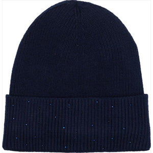 Equipage Strickmütze Vaino mit Glitzer in Dunkelblau, verziert mit Strasssteinen und Umschlag. Ideal für kalte Wintertage mit Fleecefutter.