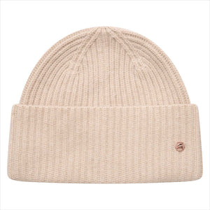 EuroStar Beanie-Mütze - Euro-Star Beanie Mütze | Wolle in Beige mit roségoldenem Logo. Elegante Mütze für Damen aus weichem Wollmix.