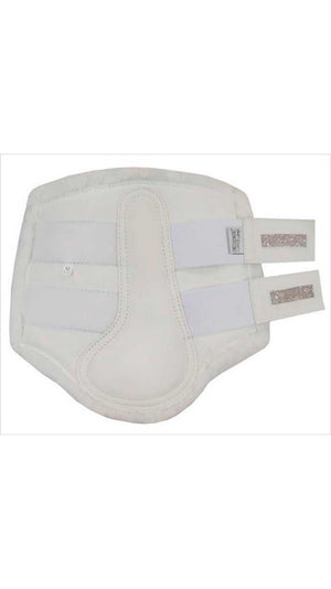 Equest Soft Gamaschen in Weiß mit Kunstfell und Glitzer-Klettverschluss. Strapazierfähiger Beinschutz für Pferdebeine im Outdoor-Reitsport.