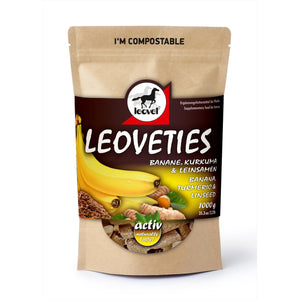 Leovet Banane Kurkuma Leckerlies - Pferdefutter in kompostierbarer Verpackung mit Bananen, Kurkuma und Leinsamen als gesunde Belohnung für Pferde.