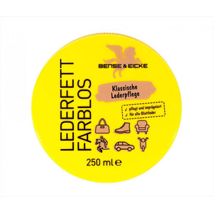 Bense & Eicke Lederfett farblos 250ml in gelber Dose, klassische Lederpflege für Glattleder, ideal für Sattelzeug, Schuhe und Kleidung.
