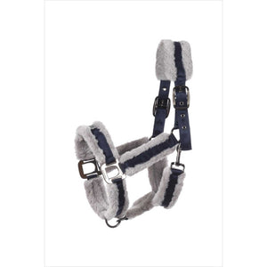 Cavallo Halfter Cavaljuno in Grau mit Kunstfellpolsterung und Satinband, ideal für empfindliche Pferde im Herbst und Winter.
