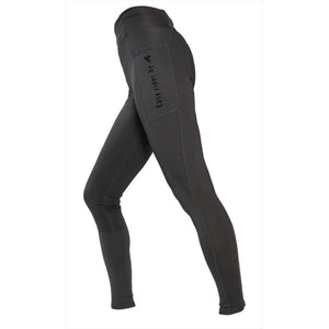 Schwarze Reitleggings Livia Fullgrip ohne Knienaht mit Silikongrip und elastischem Material. Ideal für Reiterinnen mit Bewegungsfreiheit und Handytasche.