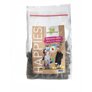 Happies Becky & Cara Apfel Pferdefutter von Bense & Eicke in transparenter Verpackung mit Illustrationen. Getreidefreie Leckerlies mit Apfelstückchen.