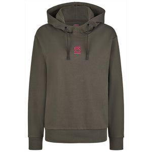 PIKEUR Hoody Sports für Damen in Olivgrün mit pinkem Logo vorn. Ideal für Reiterinnen im Winter, aus Baumwollmix für hohen Tragekomfort.