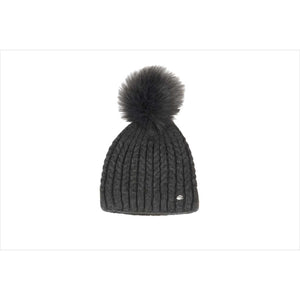 Pikeur Mütze Fellbommel - Feinstrick in Dunkelgrau mit Kunstfellbommel. Fleecegefütterte Damenmütze für kalte Tage, ideal für Reiterinnen.