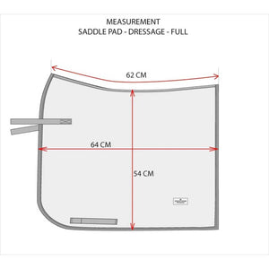 Maßtabelle der Equestrian Stockholm Schabracke Schwarz in Full-Größe, 64x62 cm, ideal für Dressursättel und Vollblutpferde.