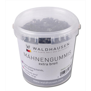 Waldhausen Mähnengummis extra breit im transparenten Eimer, 150g, schwarz – reißfeste Silikon-Gummis zum Einflechten der Pferdemähne.
