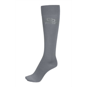Pikeur Reitsocken 5730 in Hellgrau, komfortable Kompressions-Kniestrümpfe mit atmungsaktiver Funktion und funkelndem Logo.