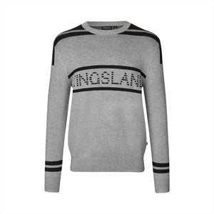 Kingsland Herren Pullover KLNolan in Grau mit schwarzem Logo-Schriftzug vorn, atmungsaktivem Strick und Rippstoff an Kragen und Bündchen.