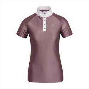 Kingsland Turniershirt KLBonnie in Mauve mit weißem Kragen. Damen-Turnierbekleidung mit Strassdetails, perfekt für heiße Sommertage im Reitsport.