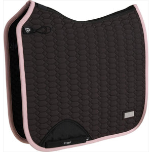 Catago Schabracke FIR-Tech Grand in Braun mit rosa Rand, ergonomische Passform und 3D-Netz für Dressur und Springen.