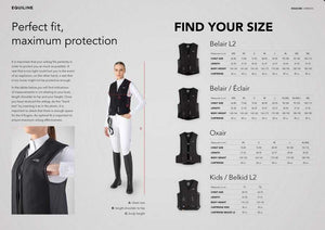 Größentabelle für Equiline Airbag Weste Eclair ohne Rückenschutz, inklusive Maße für Belair, Éclair, Oxair und Kindergrößen.