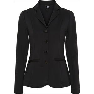 Equipage Turnierjacket Kinder in Schwarz mit langärmeligem, tailliertem Design. Dehnbares, waschbares Material für Reitsport-Wettkämpfe.