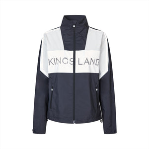 Kingsland Unisex Jacke KLNoble Frühjahr 2025 in Navy-Weiß mit großem Logo vorn. Wasserdichte Softshelljacke für Reiter mit hohem Tragekomfort.