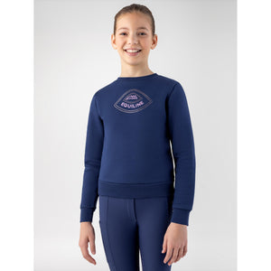 Equiline Kinderpullover Cedril Sweatshirt Winter 2025 / 2026 in Dunkelblau mit Logo-Print, ideal für junge Reiterinnen in der kalten Jahreszeit.