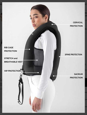 Seitliche Ansicht der Equiline Airbag Weste Eclair mit Beschriftung der Schutzbereiche wie Wirbelsäule und Rippen, ohne Rückenschutz.