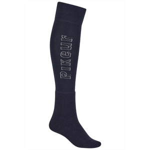 PIKEUR Reitsocken Sports in Dunkelblau mit eingestricktem Logo – warme Kniestrümpfe für den Winter aus Wollmischung für Reiterinnen.