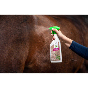 BremsenSchock Lavendel Fliegenspray von Bense & Eicke wird auf Pferdefell aufgetragen. Effektiver Insektenschutz für Pferde im Outdoor-Bereich.