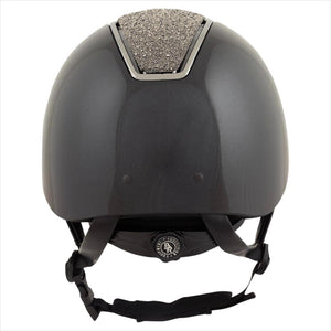 Rückansicht des B&R Reithelms Omega Glanz in Anthrazit mit Glitzereinsatz und Belüftung, ideal für sicheren Reitsport mit Stil.