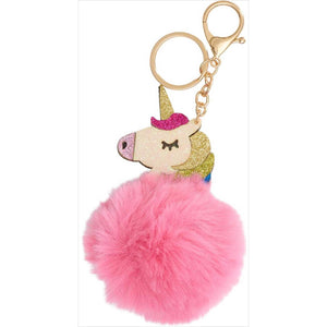 Schlüsselanhänger Einhorn mit pinkem Plüschball und glitzerndem Einhornkopf, ideal als Geschenk oder Accessoire, Nummer 14866.