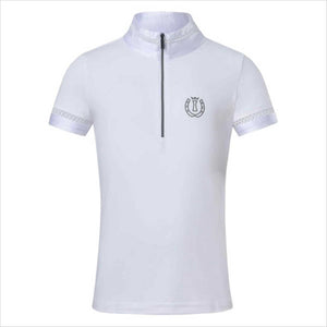 Imperial Riding T-Shirt Kinder Kollektion Sommer in Weiß mit halbem Reißverschluss und Glitzer-Logo, ideal für Reiterinnen im Sommer 2024.