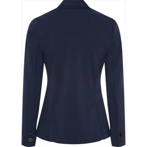 Rückseite des Equipage Turnierjackets Kinder in Dunkelblau. Sportlich-eleganter Schnitt für Kinderreiter, perfekt für Turniere im Sommer 2024.