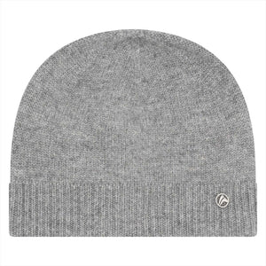 Graue Euro-Star Mütze Luxury mit dezenter ES-Münze. Hochwertiger Materialmix für Damen – kaufen Sie diese elegante Winter-Beanie online.