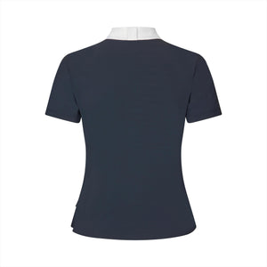 Rückansicht des Kingsland Damen Turniershirts KLNala in Dunkelblau mit weißem Kragen, atmungsaktiv und geruchsneutral für den Turniereinsatz.