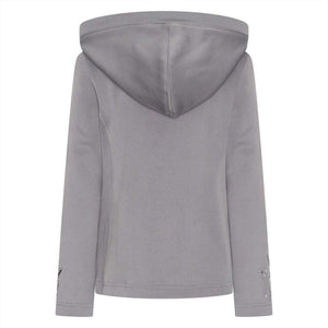 Rückansicht der grauen IRHIzzy Kinder Kapuzenjacke aus der Winterkollektion mit schlichter Kapuze, perfekt für kalte Tage im Reitstall.