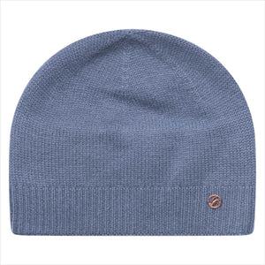 Euro-Star Mütze Luxury in Blau mit feinem Strick und ES-Münze. Weiche Beanie aus Wollmix – ideal für stilvolle Wärme im Winter.