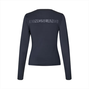 Rückansicht des Kingsland KLMalin Damen Trainingsshirts mit großem Kingsland-Schriftzug. Atmungsaktives, geruchshemmendes Funktionsshirt für den Reitsport.