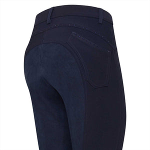 Detailansicht der Reithose Elodie mit Glitzer-Details an der Gesäßtasche und Silikon-Vollbesatz für optimalen Halt im Sattel.