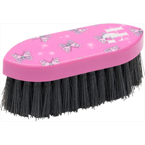 HorseGuard Wurzelbürste 2025 in Pink mit Schmetterlingsdesign für Pferdepflege im Frühjahr und Sommer. Robuste Kunststoffbürste mit schwarzen Borsten.