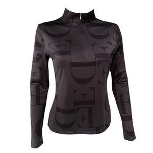Estrelle Air Breeze Shirt kaufen - UV-Schutz, atmungsaktiv in Schwarz mit Allover-Logo-Print. Langarm-Funktionsshirt für Damen, ideal für Reitsport.