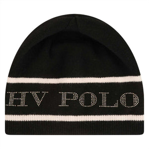 HV Polo Beanie Alice Winter - Bequem und Stylisch in Schwarz mit weißen Streifen und Strass-Logo, ideal für kalte Tage. Perfekt für Reiterinnen.