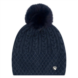 Dunkelblaue HV Polo Beanie Breeze mit flauschigem Bommel und glitzerndem Strickdesign. Wintermütze für Damen aus Kaschmir-Viskose-Mix.