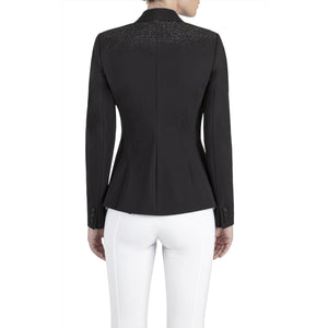 Rückansicht des Equiline Turniersakkos Grimmy – figurbetonter Schnitt mit funkelnden Glitzernieten, perfekt für stilvolle Reitturnier-Outfits.