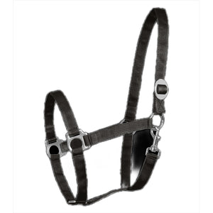 Waldhausen Perlonhalfter in Schwarz mit glänzenden Beschlägen, stufenlos verstellbar für optimalen Sitz bei Pferden. Ideal für Halfter und Stricke.