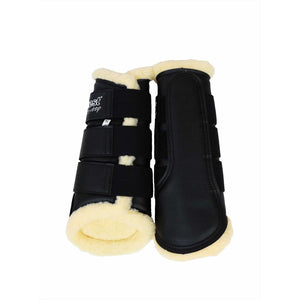 Equest Softgamaschen Set in Schwarz mit beigem Kunstfell. Vorder- und Rückansicht der stoßabsorbierenden Gamaschen mit Klettverschluss.
