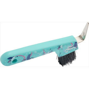 HorseGuard Kinderhufkratzer Arubablue mit Einhornmotiv und Bürste für Hufpflege. Robuster Kunststoffgriff, ideal für Kinderhände.