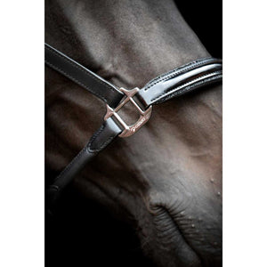 Detailansicht des CATAGO Halfter Novi mit glänzender Schnalle und feinem Leder auf Pferdekopf, hochwertig verarbeitet für Reitsportliebhaber.