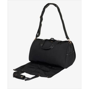 LeMieux Luxus Reisetasche in Schwarz mit Schulterriemen, geöffnet zur Nutzung als Kleiderschutz für knitterfreie Kleidung auf Reisen.