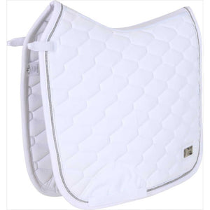 Naomi Turnierschabracke weiß mit silberner Biese und weißen Kordeln von Catago, Dressur WB Größe, ideal für stilvolle Turniereinsätze.